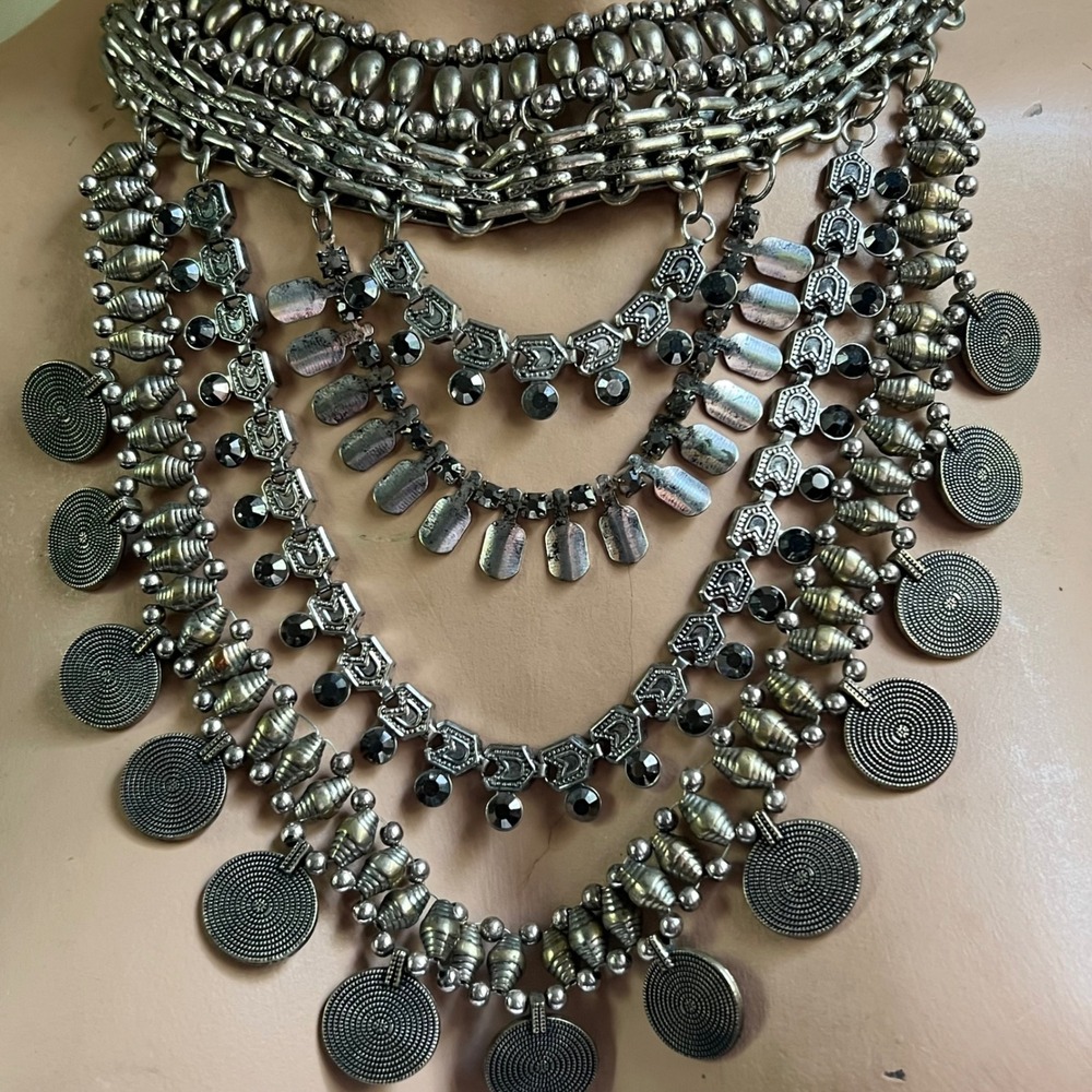 Silver Tone Multi Layer Coin Fringe Statement Necklace Size Adjustable Ethno